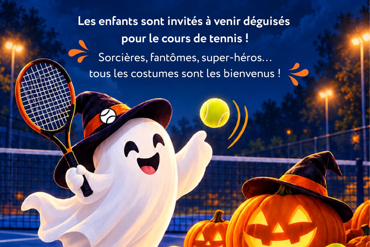 Affiche Halloween : un fantôme déguisé joue au tennis parmi les citrouilles
